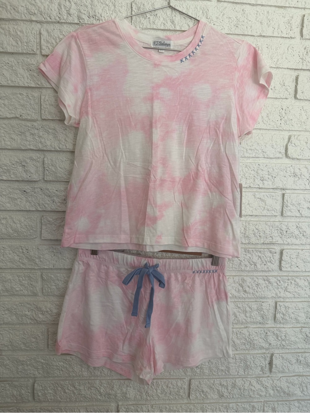 P.J. Salvage Pink Cloud Star Gazer Tie-Dye Short Pajama Set with Blue Drawstring